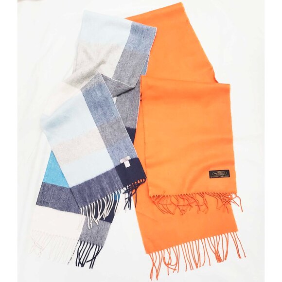 Bundle of 2 100% Cashmere Oblong Scarves Scarf Blue Colorblock and Pumpkin Spice - Picture 2 of 8